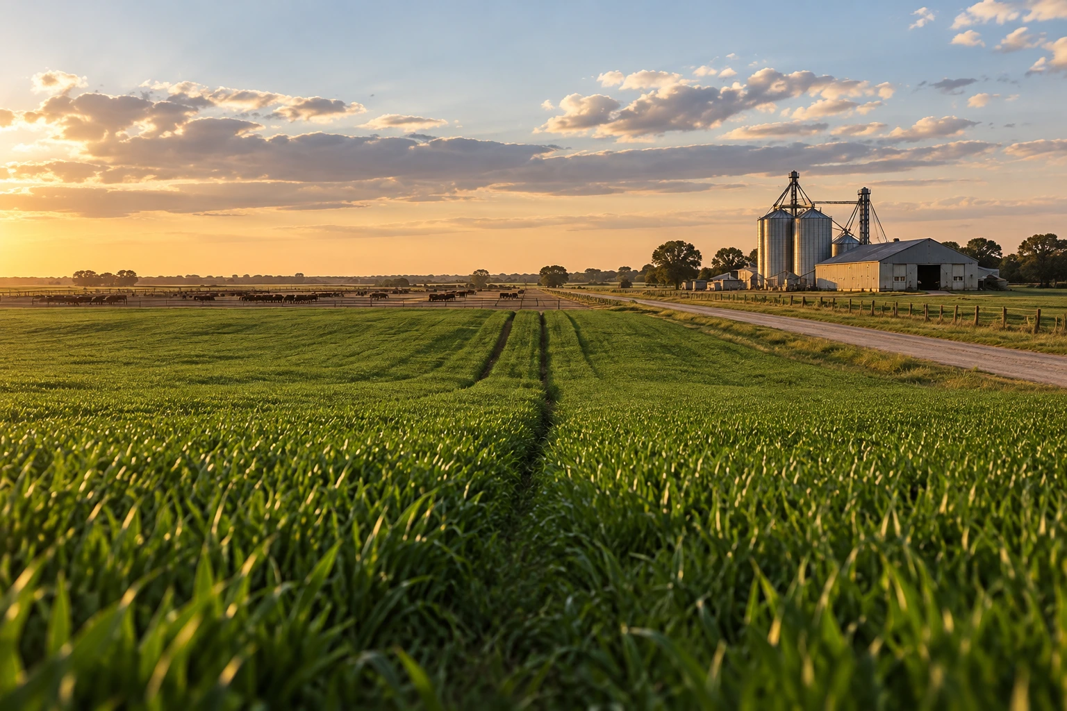 Lote agrícola al atardecer con los silos y la hacienda de Agropecuaria Campo Alto al fondo