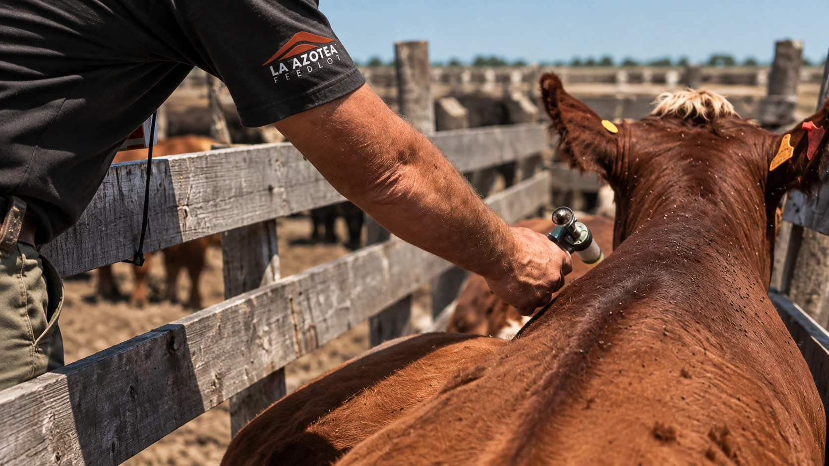 Aplicación de vacuna a un animal en la manga durante la adaptación